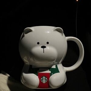 Starbucks White Bear Mug with Green and Red Accents